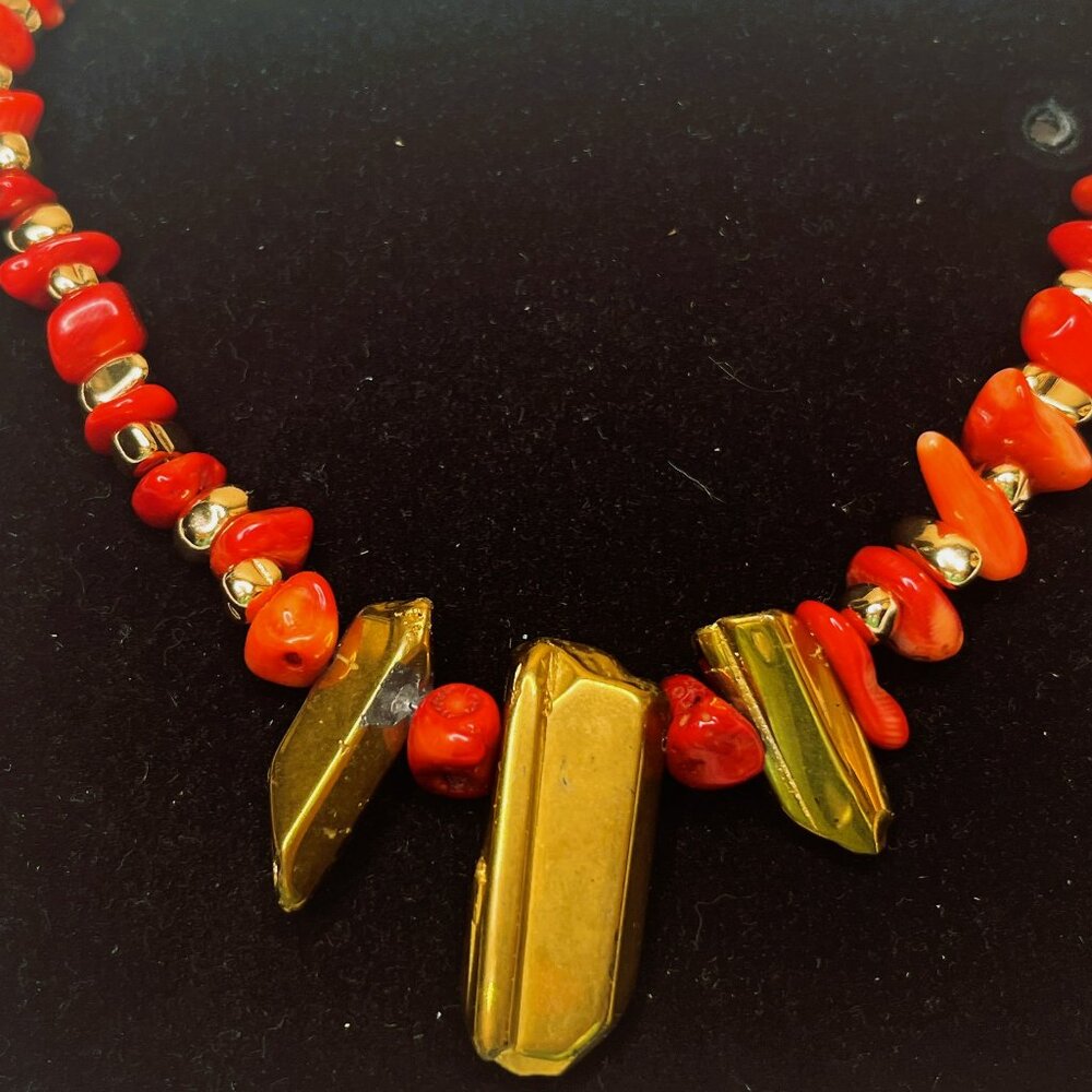 Handmade Natural Coral Necklace with Golden Stone Accent Statement Design NWT